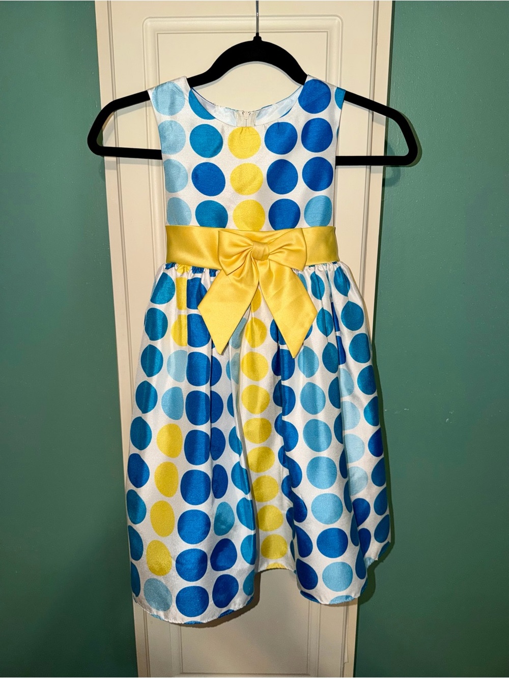 Girls Polka Dot Satin Party Dress with Yellow Bow